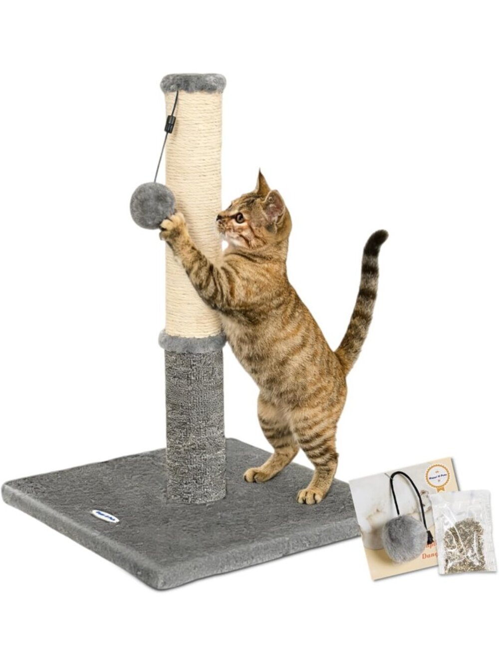 Indoor Cat Scratching Post & Scratcher - Sisal & Carpet, Stable with Toys, Light